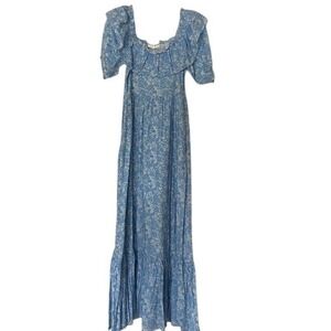 LoveShackFancy Women's Maxi Dress Blue Floral Ruffle Trim Cotton Size 00 z2‎